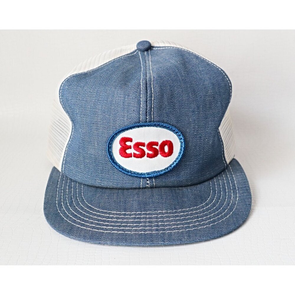 Vintage 70s 80s ESSO Oil & Gas Denim Trucker Hat K-Brand Snapback Mesh Retro
